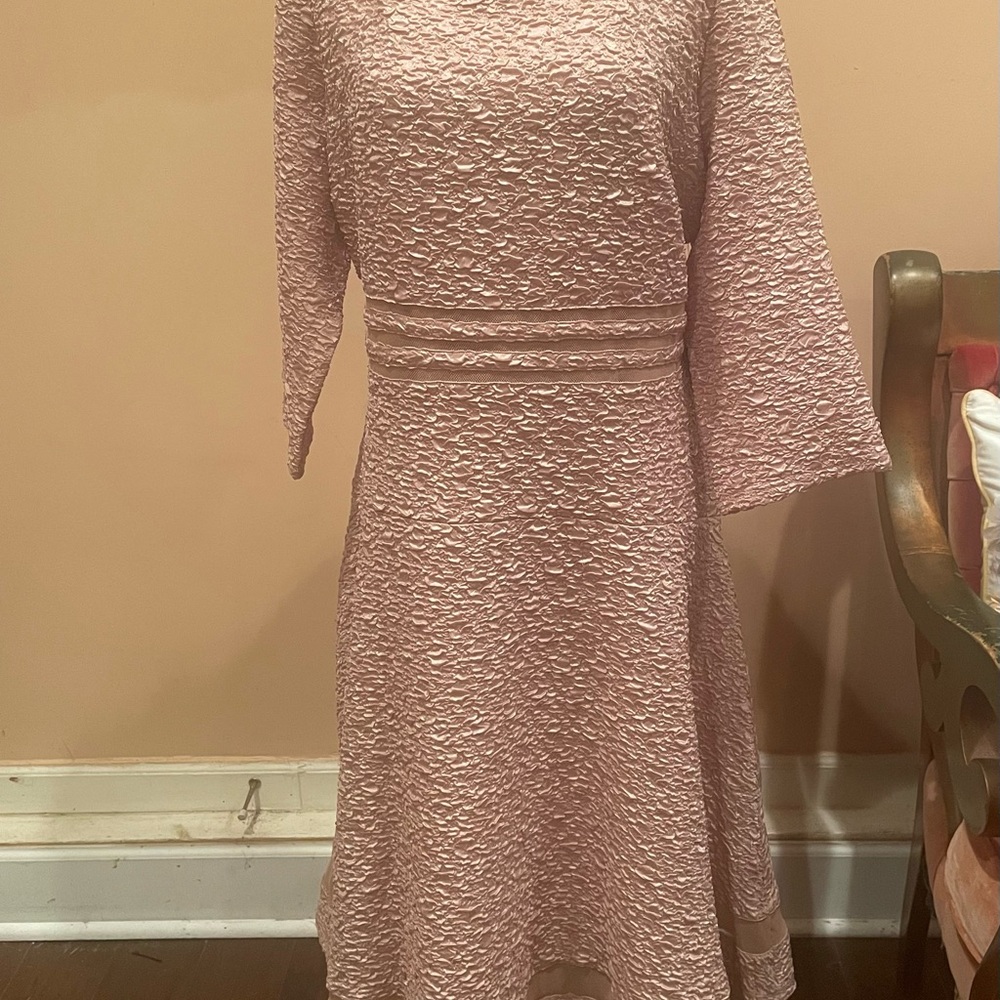 Elegant Long Sleeve Dress in Tan with gold shimmers throughout